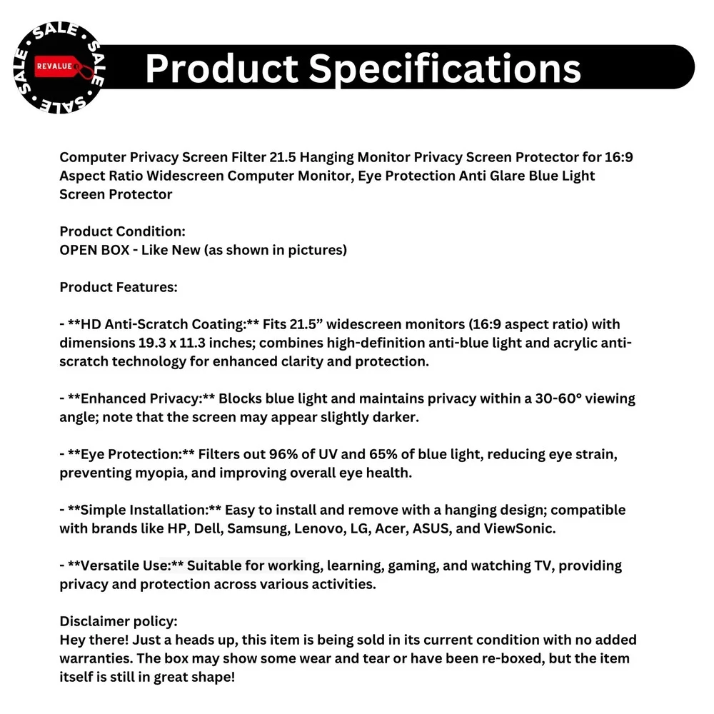 Computer Monitor‎ Privacy Screen Filter Protector 21.5